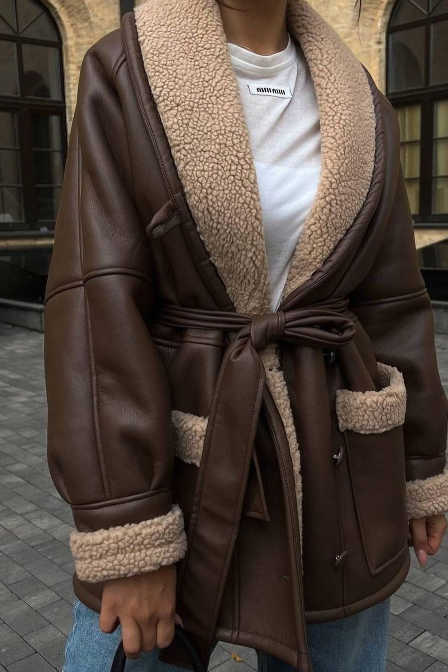 Manteau Oversize en Simili-Cuir et Moumoute