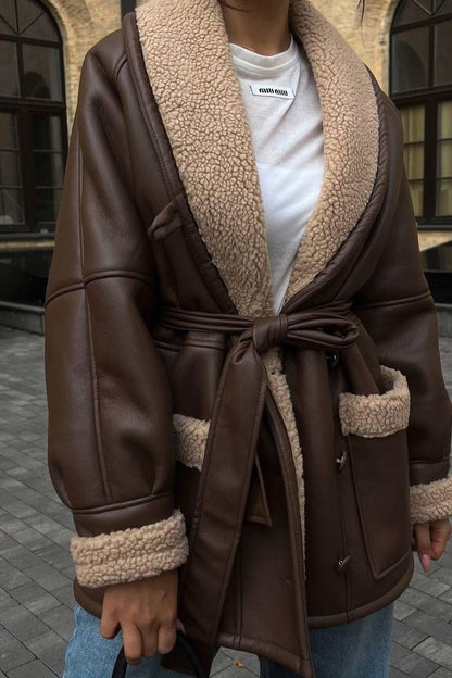 Manteau Oversize en Simili-Cuir et Moumoute