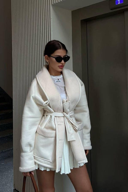 Manteau Oversize en Simili-Cuir et Moumoute