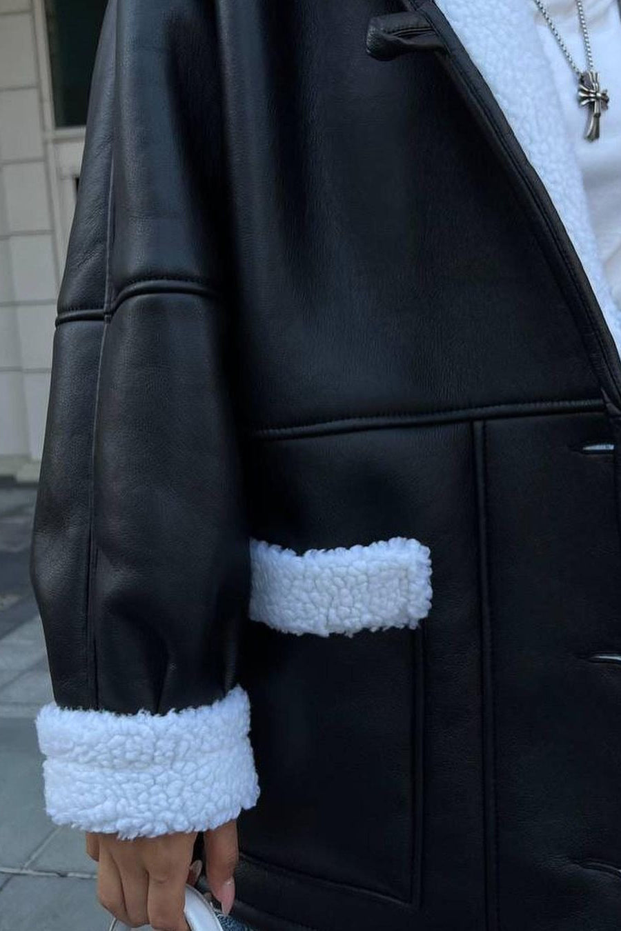 Manteau Oversize en Simili-Cuir et Moumoute