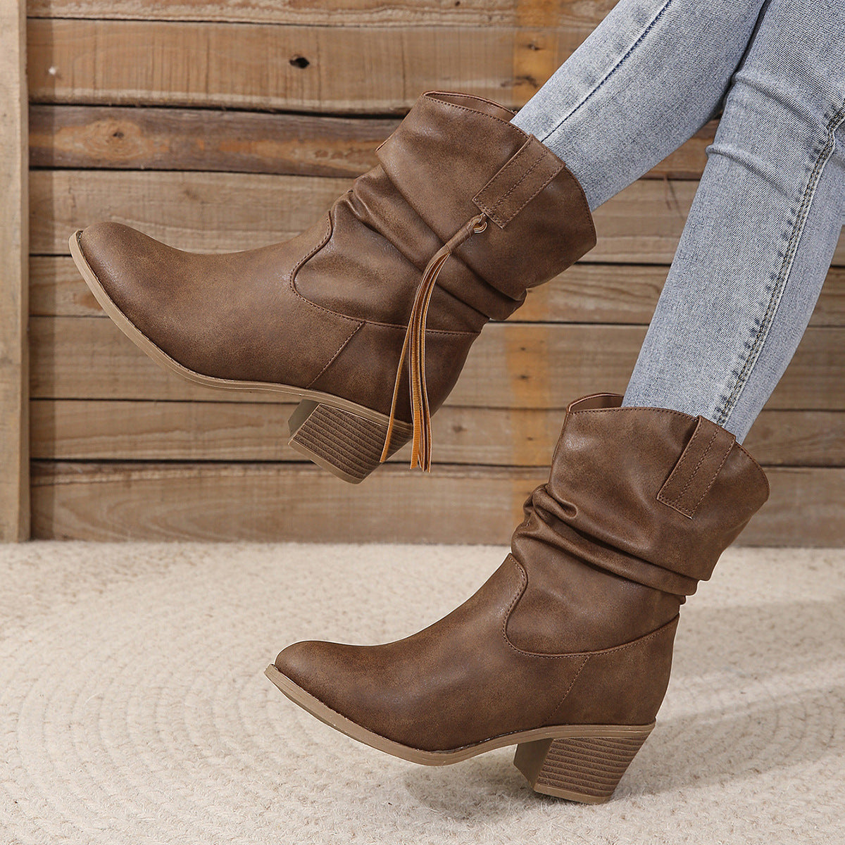Bottines plissées à franges style Cowboy