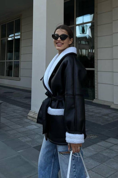 Manteau Oversize en Simili-Cuir et Moumoute