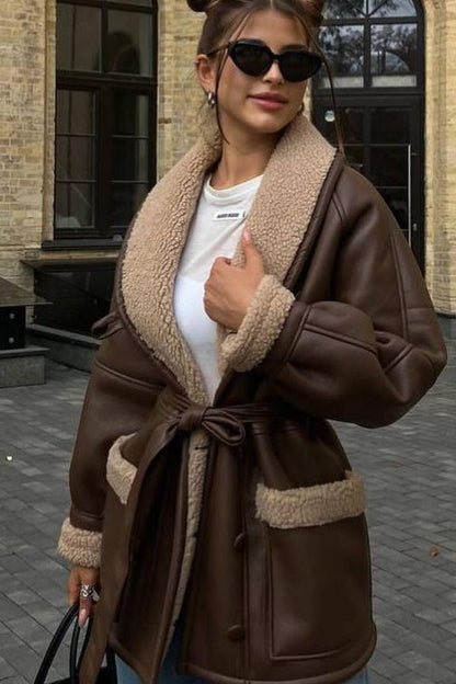 Manteau Oversize en Simili-Cuir et Moumoute